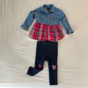 Tommy Hilfiger Baby Girl Jean & Pink Plaid Outfit with Jeggings (12-18M)